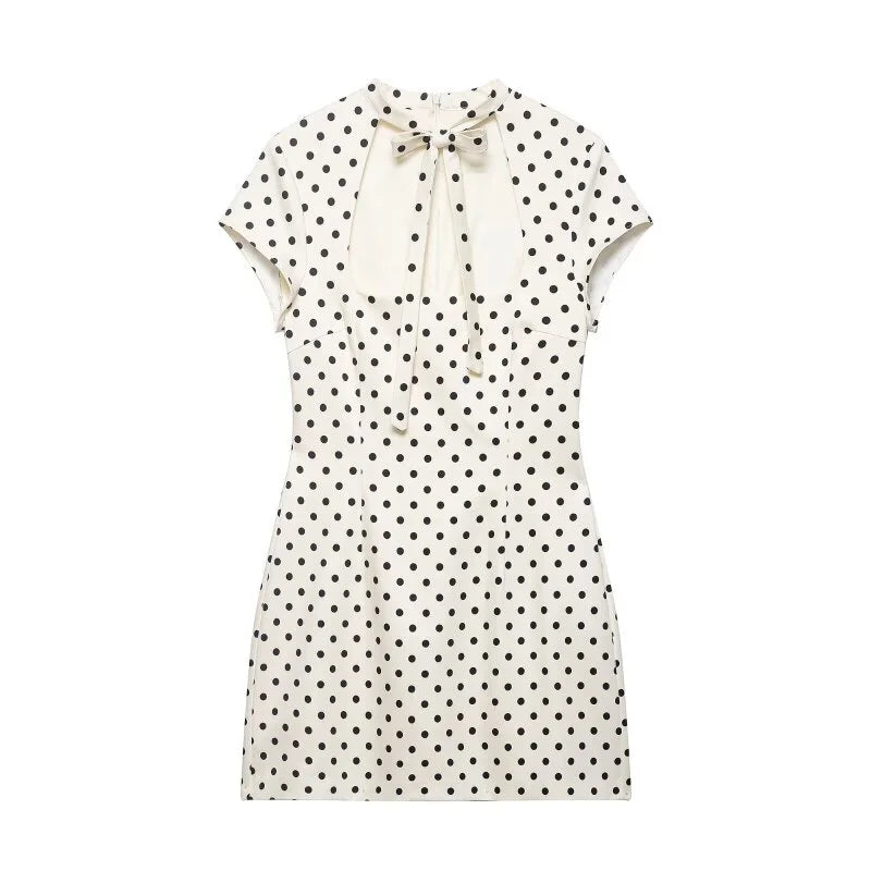 Cut Out Front Bow Tie Mini Dress, Women's Polka Dot Short Sleeve Bodycon Dress, Spring Summer Sexy Fashion Party Dress